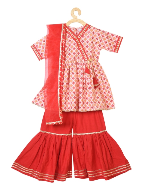 

Kinder Kids Girls Pink Ethnic Motifs Printed Cotton Kurta with Sharara & With Dupatta