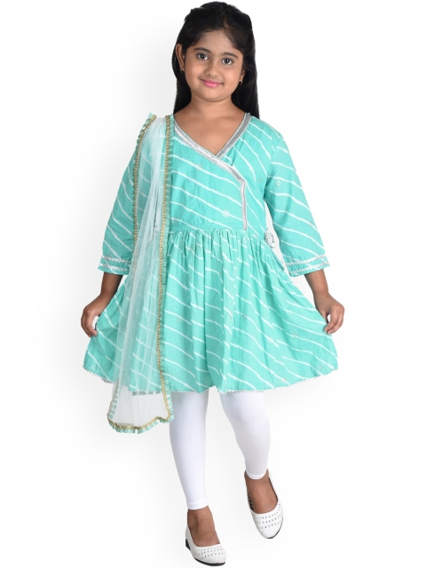 

Kinder Kids Girls Turquoise Blue & White Leheriya Cotton Kurta with Leggings & Dupatta