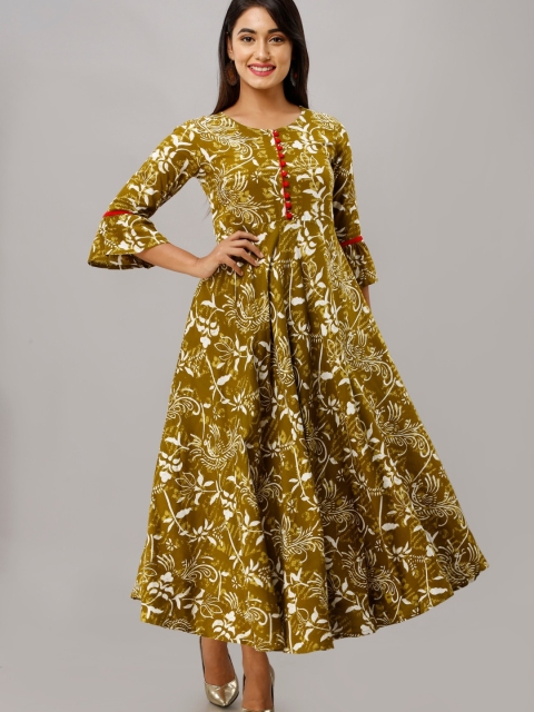 

Maishi Women Olive Green Floral Printed Keyhole Neck Anarkali Kurta