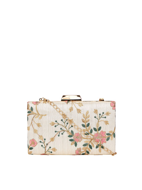 

Lavie Off White & Gold-Toned Embroidered Box Clutch