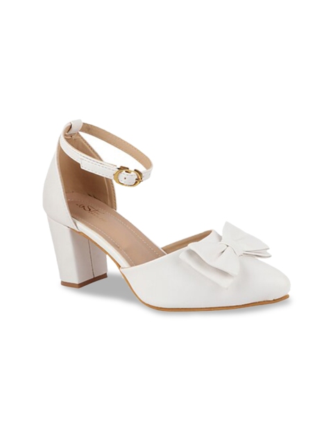 

THE WHITE POLE Women White Solid Party Block Pumps with Bows