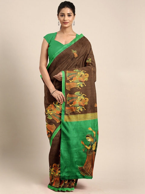 

AADVIKA Green & Brown Floral Silk Blend Khadi Saree
