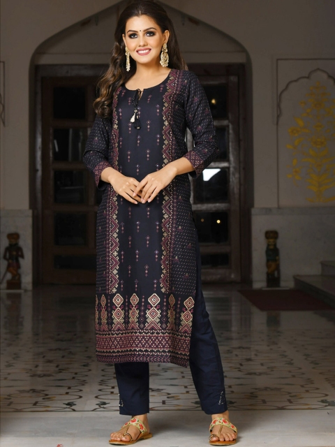 

KAAJH Women Blue Ethnic Motifs Printed Pure Cotton Kurta with Trousers