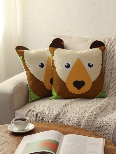 

House This Set of 2 Green & Brown Cartoon Characters Cotton Square Cushion Covers