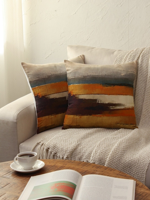 

House This Yellow & Brown Set of 2 Cotton Abstract Square Cushion Covers