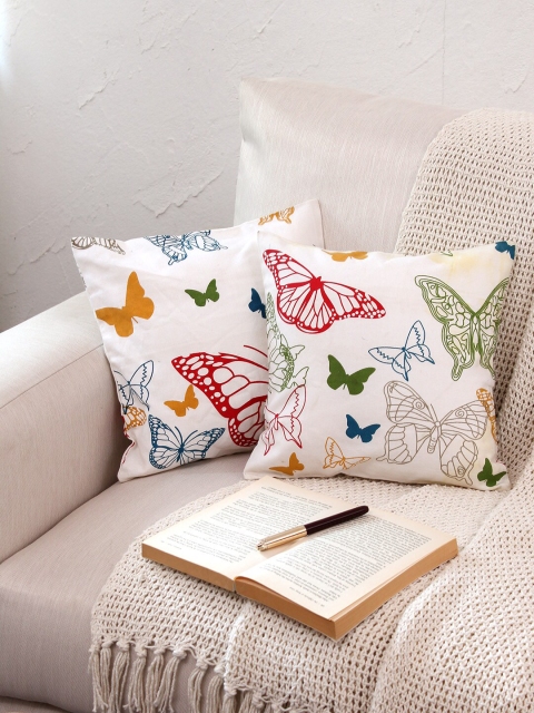 

House This White & Red Set of 2 Ethnic Motifs Square Cushion Covers