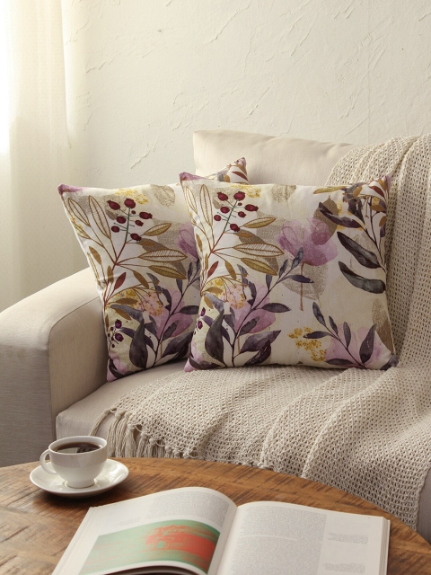 

House This Purple & Cream-Coloured Set of 2 Pure Cotton Floral Square Cushion Covers