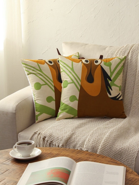 

House This Brown & Green Set of 2 Floral Square Cushion Covers