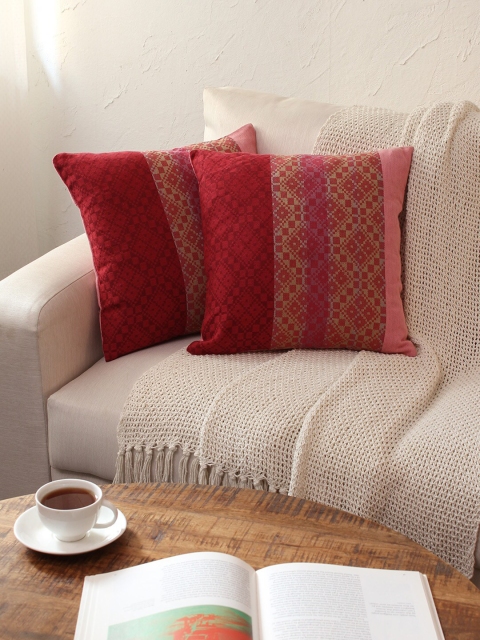 

House This Pink & Red Set of 2 Ethnic Motifs Square Cushion Covers