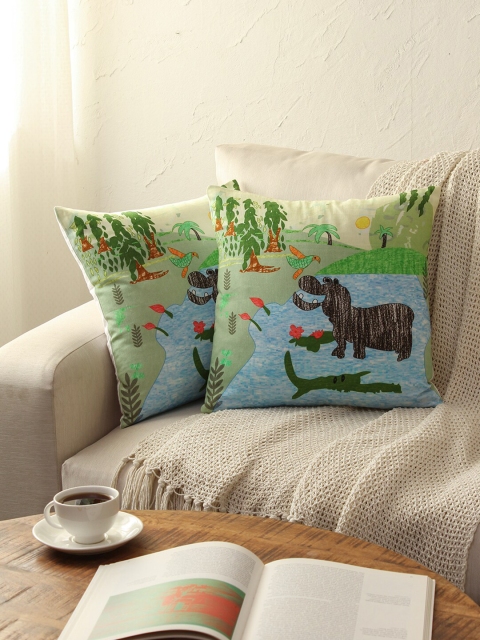 

House This Green & Black Set of 2 Cotton Abstract Square Cushion Covers
