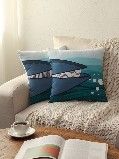 

House This Set Of 2 Blue & White Self Design Cushion Covers