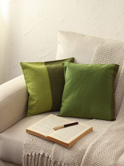 

House This Green Set of 2 Colourblocked Cotton Square Cushion Covers