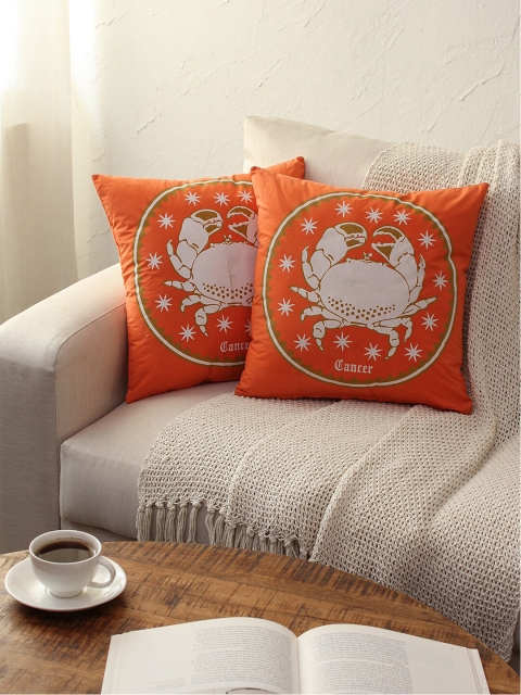 

House This Set Of 2 Orange Cotton Square Cushion Covers