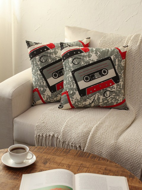 

House This Red & Grey Set of 2 Quirky Pure Cotton Square Cushion Covers