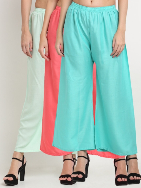 

Miaz Lifestyle Women Sea Green & Peach-Coloured 3 Flared Knitted Palazzos