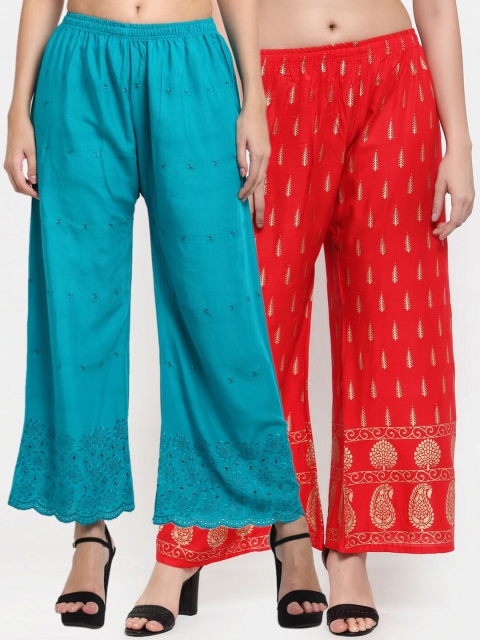 

Miaz Lifestyle Women Turquoise Blue & Red 2 Ethnic Motifs Printed Flared Knitted Ethnic Palazzos