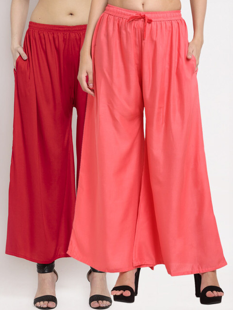 

Miaz Lifestyle Women Pack Of 2 Peach & Red Solid Flared Palazzos