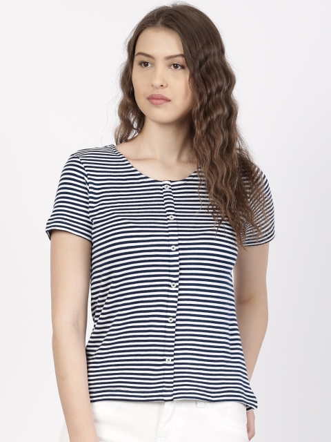 

ether Women Navy & White Striped Round Neck Full Mock Button Placket T-shirt, Navy blue