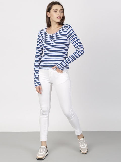 

ether Women Blue & White Striped Long Sleeve Henley T-shirt