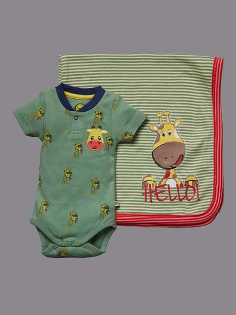 

Pranava Infant Boys Green Giraffe Printed Cotton Bodysuit With Applique Detail Blanket