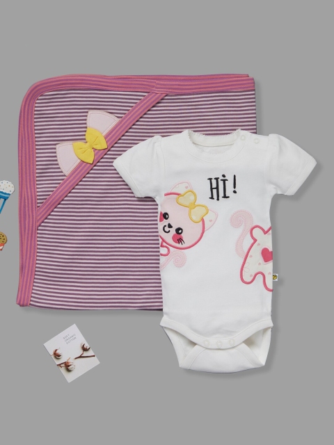 

Pranava Boys Pink & White Kitten Bodysuit With Blanket