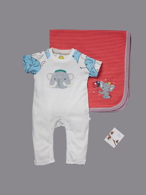 

Pranava Infant Boys White & Red Elephant Printed Organic Cotton Rompers With Blanket