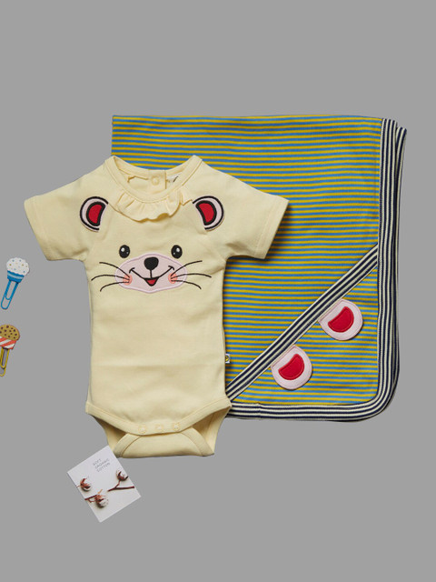 

Pranava Girls Yellow & Green Embroidered Cotton Bodysuit & Blanket