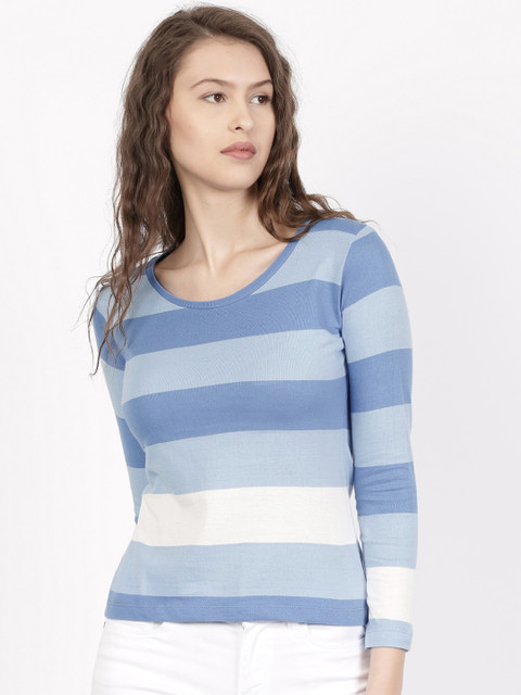 

ether Women Blue White Lightweight Striped Long Sleeve Round Neck Pure Cotton T-shirt