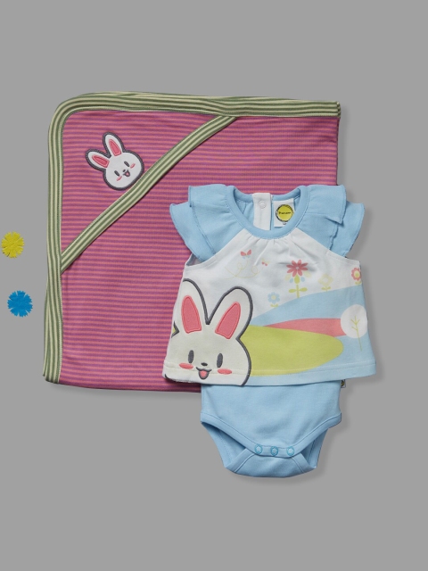 

Pranava Girls Blue & White Printed Babysuit with Blanket