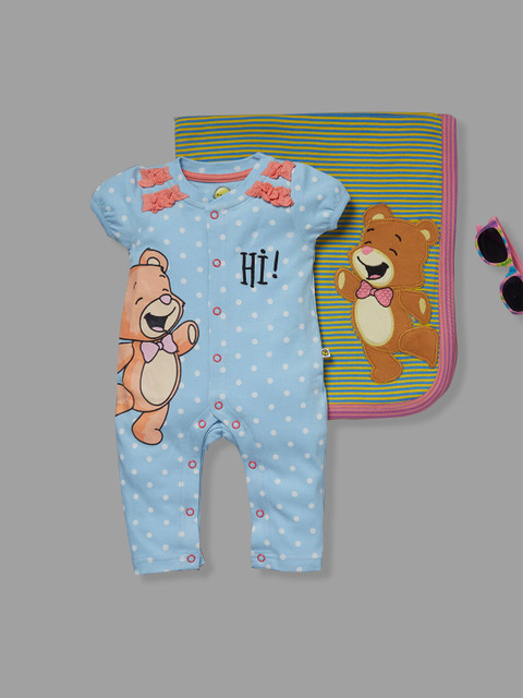 

Pranava Girls Printed Rompers With Blanket set, Blue
