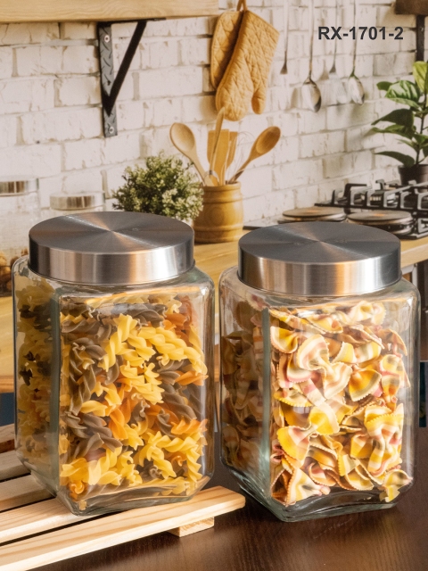

Roxx Set of 2 Transparent & Silver-Toned Glass Storage Jar With Lid