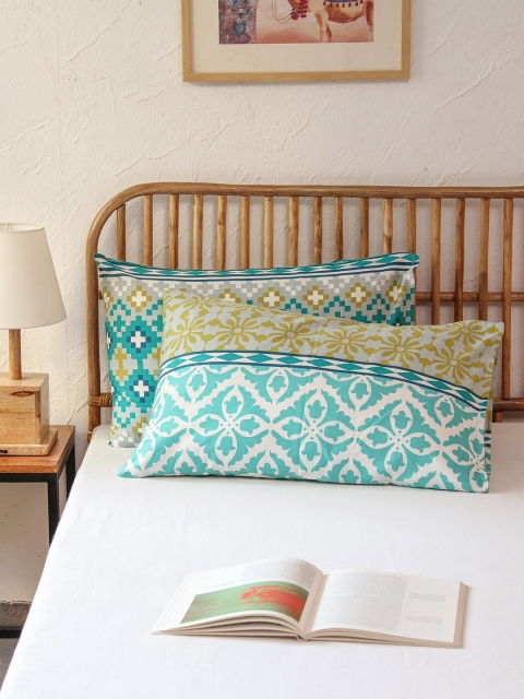

House This Set Of 2 Green & Grey Patola Print Pillow Covers