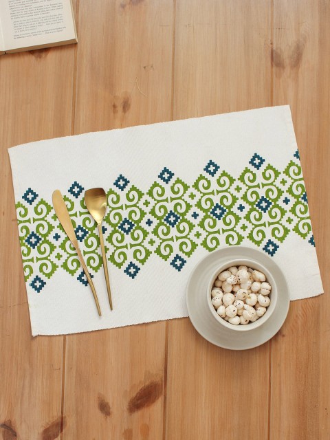 

House This Set of 2 White & Green Ethnic Motifs Pure Cotton Dining Table Placemats