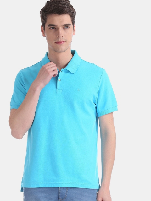 

AD By Arvind Men Turquoise Blue Polo Collar Slim Fit Pure Cotton T-shirt