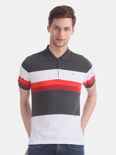 

AD By Arvind Men White & Black Striped Polo Collar Slim Fit Cotton T-shirt