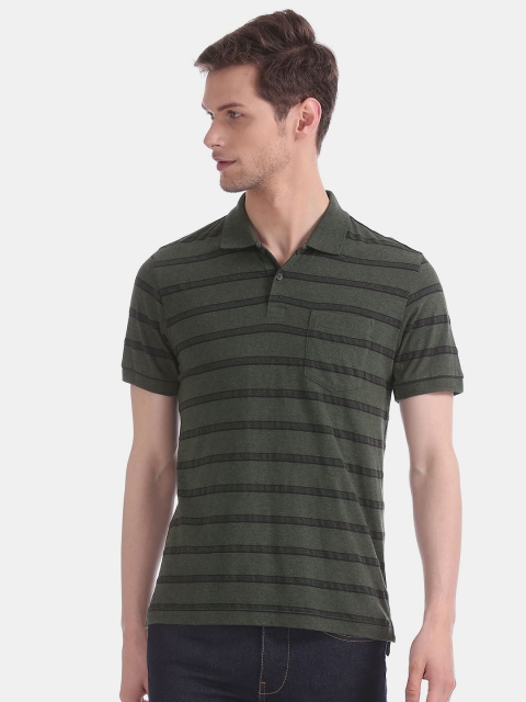 

AD By Arvind Men Green & Black Striped Polo Collar Slim Fit Cotton T-shirt