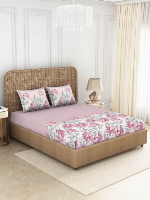 

SPACES Pink & White Floral 144 TC Cotton King Bedsheet with 2 Pillow Covers