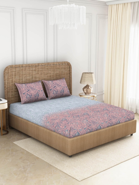 

SPACES Coral & Blue Ethnic Motifs 144 TC King Bedsheet with 2 Pillow Covers