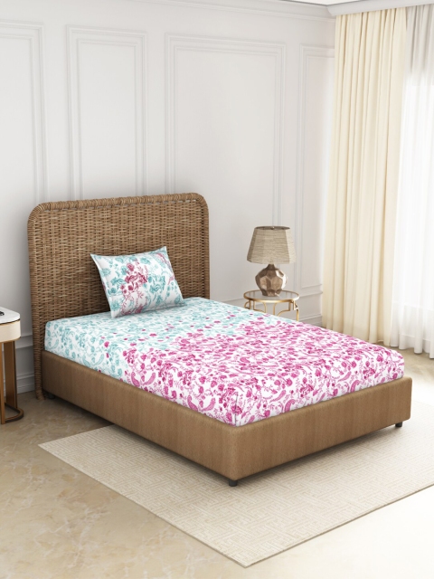 

SPACES Magenta & White Floral 144 TC Single Bedsheet with 1 Pillow Covers