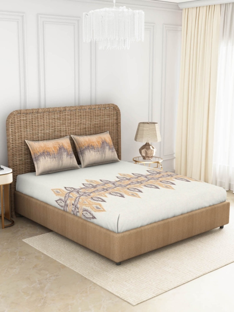 

SPACES Beige Geometric 144 TC King Bedsheet with 2 Pillow Covers