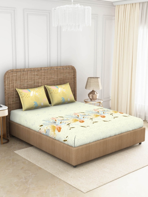

SPACES Blue Cream 144 TC Cotton King Bedsheet With 2 Pillow Covers