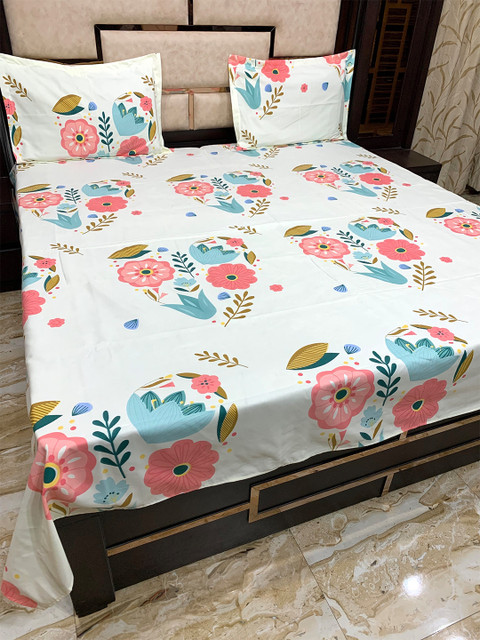 

Pure Decor Cream-Coloured Floral 300 TC Queen Bedsheet with 2 Pillow Covers