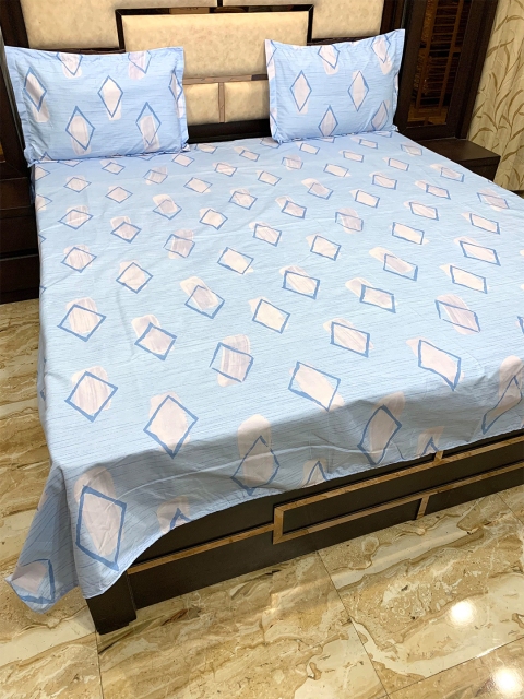 

Pure Decor Blue & Grey Geometric 300 TC Queen Bedsheet with 2 Pillow Covers