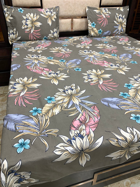 

Pure Decor Grey & Brown Floral 300 TC Cotton Queen Bedsheet with 2 Pillow Covers