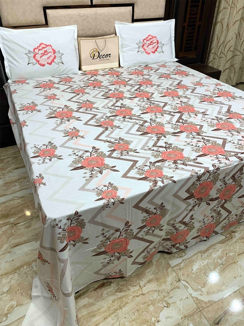 

Pure Decor Pink Floral 400 TC Cotton King Bedsheet with 2 Pillow Covers