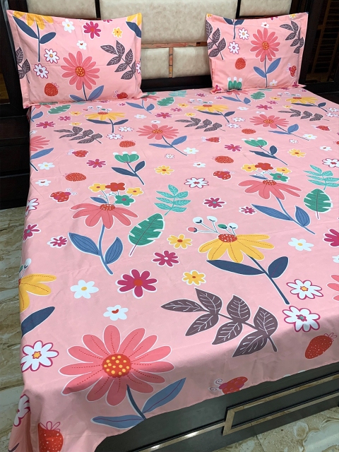 

Pure Decor Pink & Blue Floral 300 TC Queen Bedsheet with 2 Pillow Covers