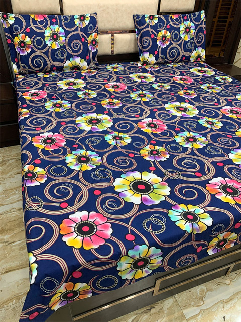 

Pure Decor Blue & Pink Floral 300 TC Cotton Queen Bedsheet with 2 Pillow Covers