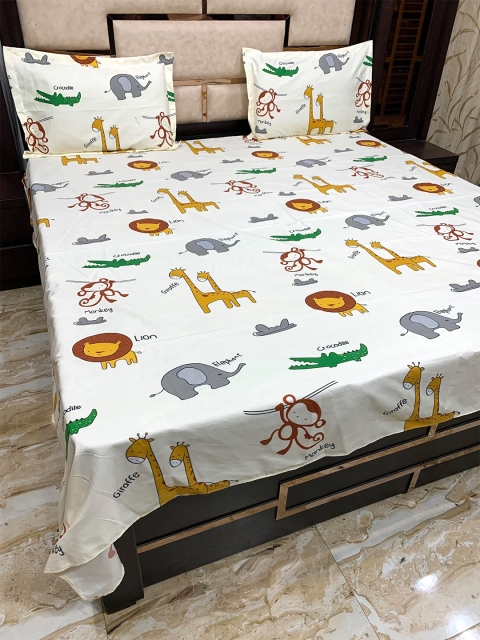 

Pure Decor Cream-Coloured & Grey Cartoon Characters 300 TC Queen Bedsheet with 2 Pillow Covers