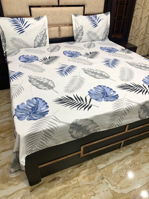 

Pure Decor White & Blue Floral 300 TC Queen Bedsheet with 2 Pillow Covers