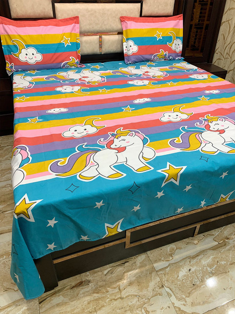 

Pure Decor Yellow & Blue Cartoon Characters 300 TC Queen Bedsheet with 2 Pillow Covers